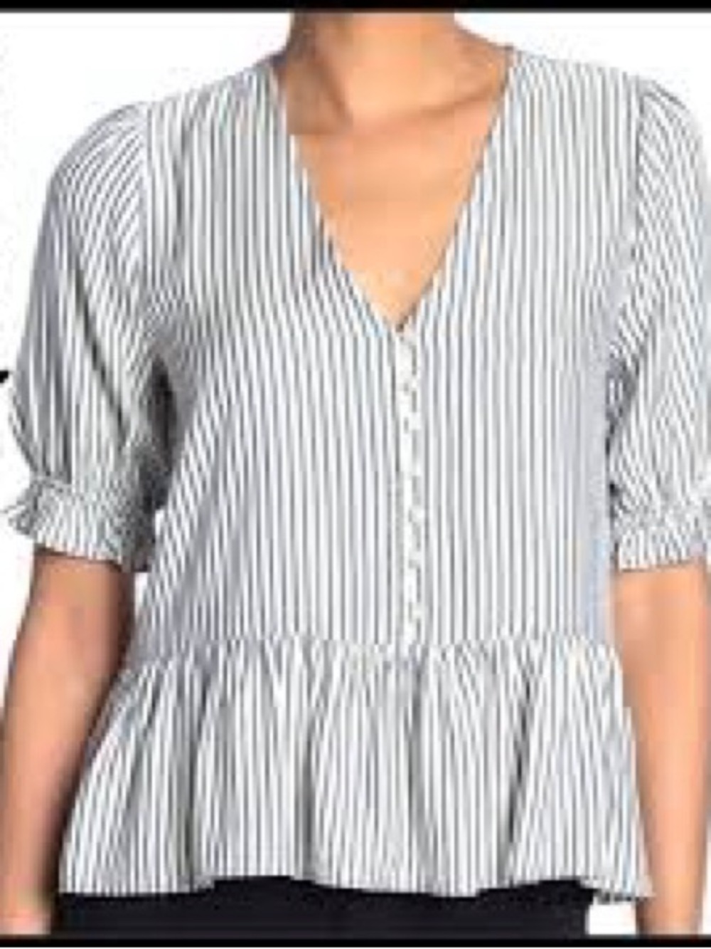 Madewell White and Black Vertical-Stripe V-Neck Peplum Blouse